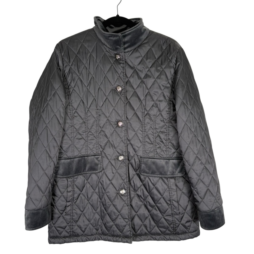 Vince Camuto Womens Large Quilted Gray Jacket Button Down Velour Velvet Trim